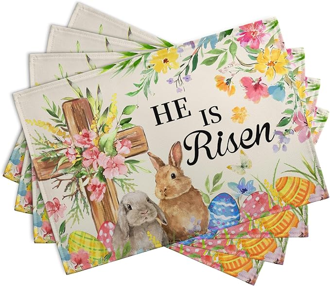 He is Risen Easter Placemats Set of 4 12x18 Inch Bunny Floral Cross Table Mats Spring Rabbit Flowers Eggs Place Mat for Dining Table Party Kitchen Decoration