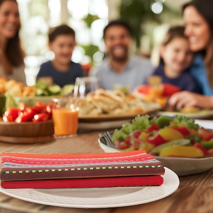 COTTON CRAFT Salsa Stripe Cloth Napkins - 12 Pack - Luncheon Brunch Dinner Table Napkins - 100% Cotton Everyday Harvest Autumn Fall Orange Holiday - Reusable Washable Absorbent - 17x17- Red Rust Multi