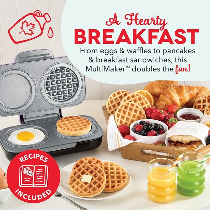 Dash MultiMaker® Double Mini Maker System - Dual Ceramic Nonstick Cooking Surfaces - Built-In Cord Wrap - Makes 4-Inch Waffles - Lavender, 4 Plates