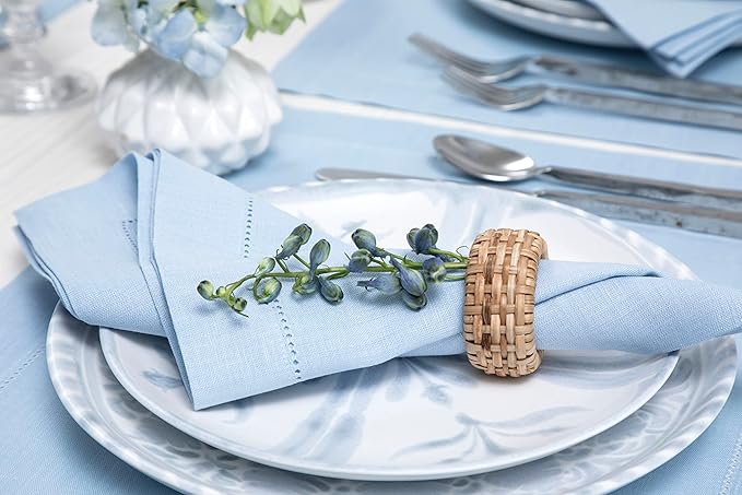 Solino Home Sky Blue Linen Napkins Set of 4-100% Pure Linen Hemstitch Dinner Napkins 20 x 20 Inch for Spring, Summer, Mothers Day - Classic Hemstitch