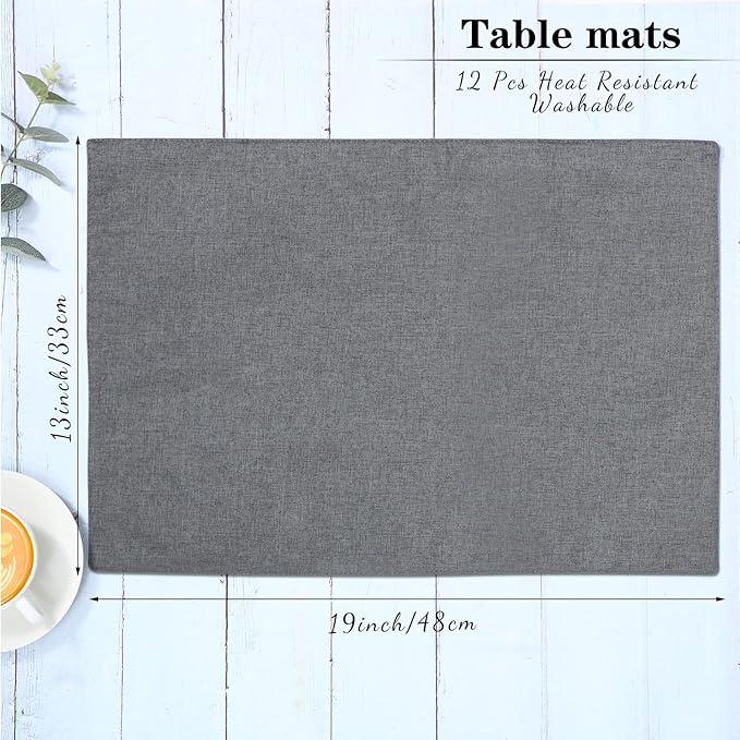 Sieral 12 Set Cloth Placemats Rectangle Dining Table Placemat Bulk 13 x 19 Inch Machine Washable Heat Resistant Cotton Linen Table Mats for Wedding Birthday Party Supplies(Dark Gray)