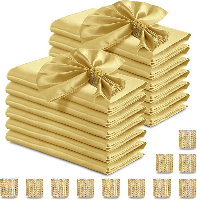 RUDONG M 100 Pcs Gold Satin Napkins and Napkin Rings Set, 17 x 17 Inch Square Cloth Napkins Set of 50, Silky Soft Table Napkins Bulk for Weddings, Banquet, Parties Dinner Decoration