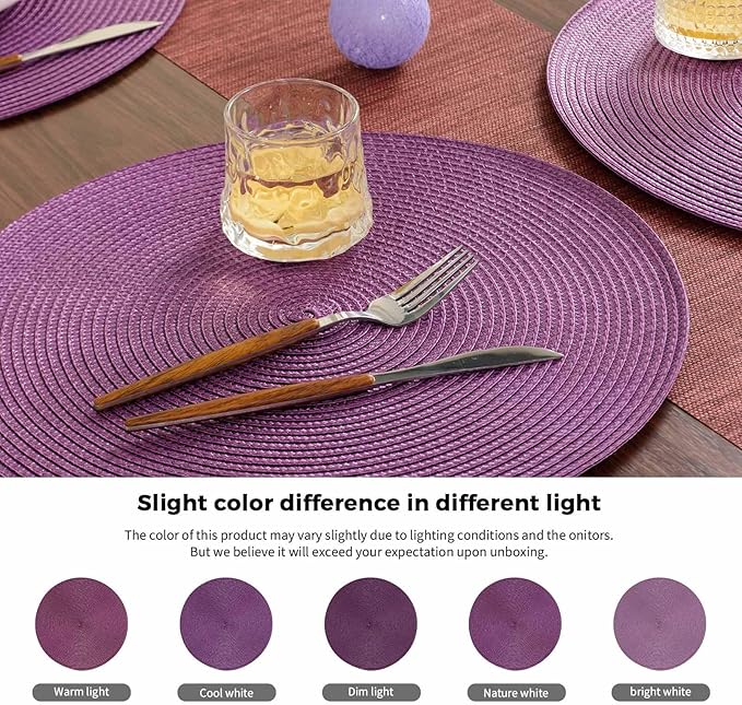 FunWheat Round Braided Placemats Set of 6 Table Mats for Dining Tables Woven Washable Non-Slip Place mats 15 inch(Purple, 6pcs)
