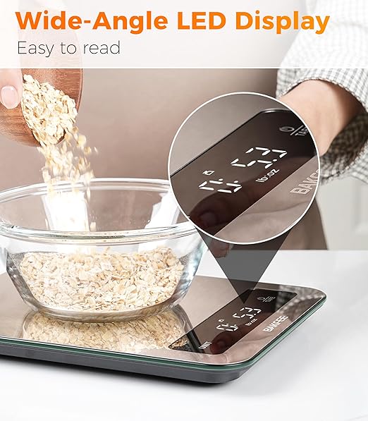 100% Waterproof Food Scale, IP67 Digital Kitchen Scale, Rechargeable (USB-C), 0.1oz/1g Precision, 22lb Capacity, Stainless Steel & Tempered Glass, Large Wide-View Display, Tare, 6 Units, Black