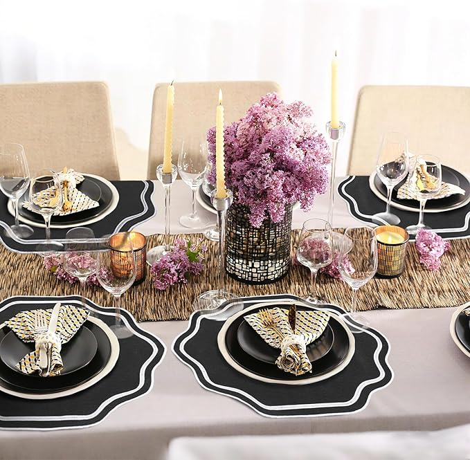 Breling 6 Pcs Wedding Placemats Scalloped Embroidered Cotton Linen Placemats 17" x 13" Double Layered Machine Washable Table Place Mat for Party Table Decor (Black)