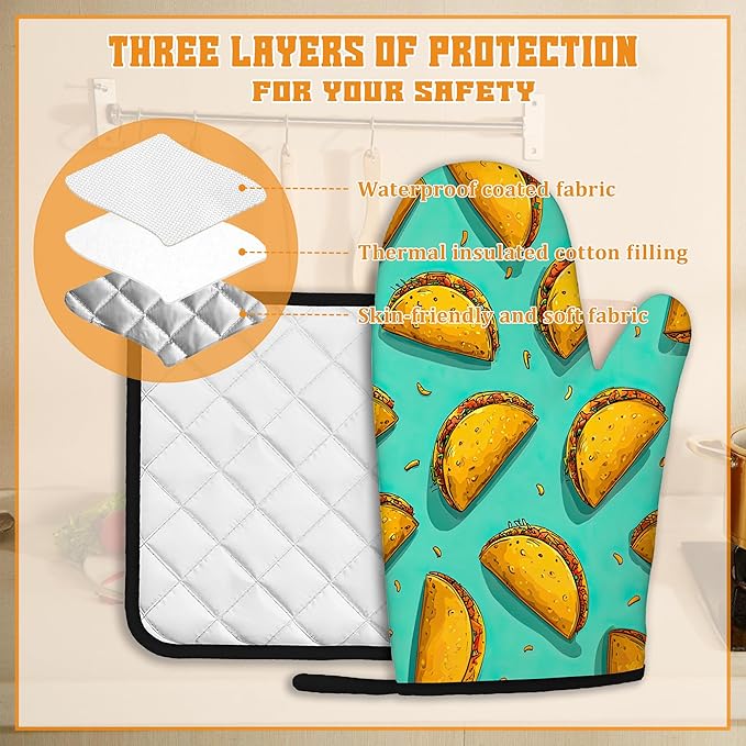 Mexican Taco Oven Mitts and Pot Holders Set,Kitchen Oven Gloves and Pot Holder with Heat Resistant Non Slip for Cooking Baking Grilling(4 Piece Set)