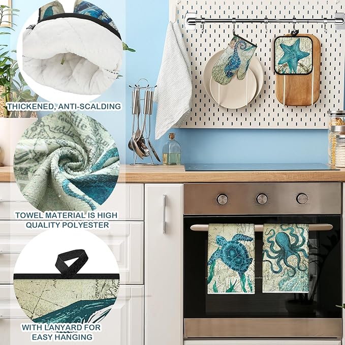 6 Pcs Sea Ocean Beach Kitchen Towels Pot Holders and Oven Mitts Set Coastal Dish Towel Ocean Animal Oven Gloves Heat Resistant Potholders for Kitchen Summer Cooking Gift