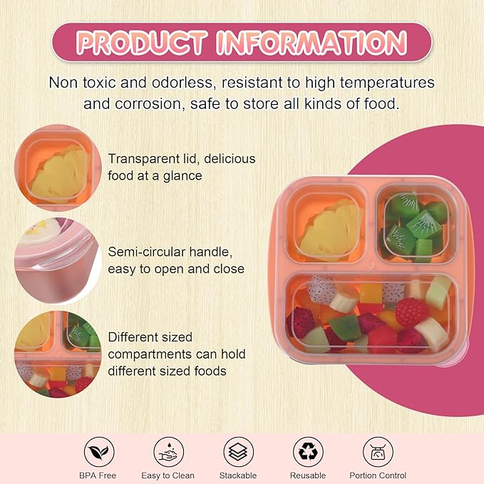 Honeydak 5 Pack Snack Containers 3 Compartment Bento Snack Boxes Divided Meal Prep Containers with Lids Reusable Adults Lunch Food Storage Box for School Work Travel(Pink Brown)