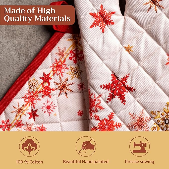 Maison d' Hermine 100% Cotton Oven Mitt & Pot Holder Set (7.5"x13" & 8"x8") Heat Resistant BBQ Cooking Gloves with Loop for Thanksgiving Christmas Decorations Handling Hot Pans (Crystal Star)
