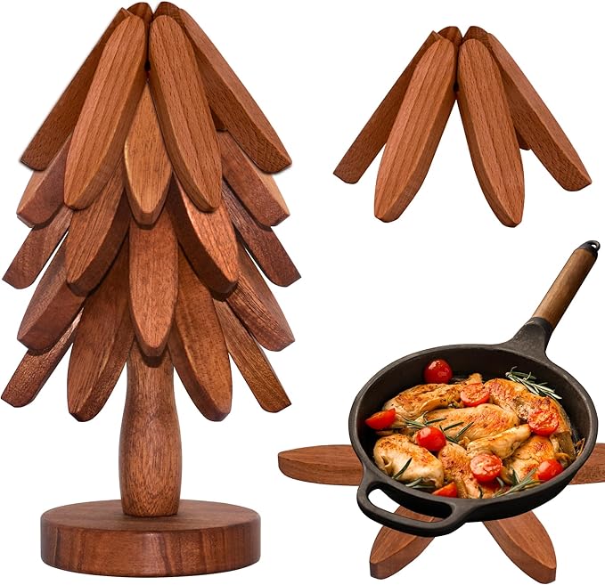 Wooden Trivets for Hot Dishes, Wooden Tree Trivet Set of 5 for Easy Storage - Suited for Hots, Pans, Bowl, Teapot, Hot Holders - Multifunctional Ornaments (Dark - 5 PCs)