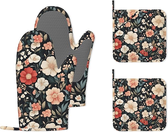 Floral Boho Heat-Resistant Silicone Oven Mitts and Pot Holder 4 Piece Set,Pink Flower Non-Slip Kitchen Oven Gloves for Baking, BBQ, Cooking,Grilling