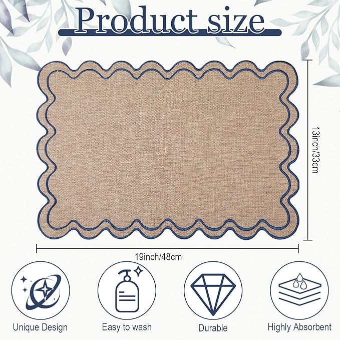 HunnmingRe Set of 6 Cotton Linen Placemats, 13x19 Inch Scalloped Wavy Embroidery Placemat Double Layered Washable Rustic Rectangle Dinner Table Mats for Wedding Home Decor(Linen with Blue)