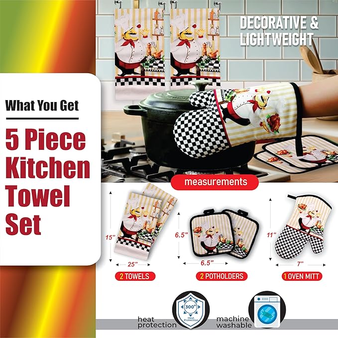 Lobyn Value Packs - Charming 5 Piece Kitchen Towel Set: Chubby Uniformed Chef Design, Includes 2 Decorative Dish Towels (25 X15) 1 Oven Mitt (11 X 7) and 2 Potholders (6.5 X 6.5)