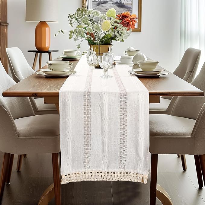 Table Runner, Boho Table Runner Cotton Linen Table Decorations, Farmhouse Table Runners with Tassels for Bohemian Wedding Bridal Shower Rustic Home Dining Table (12x72, White)