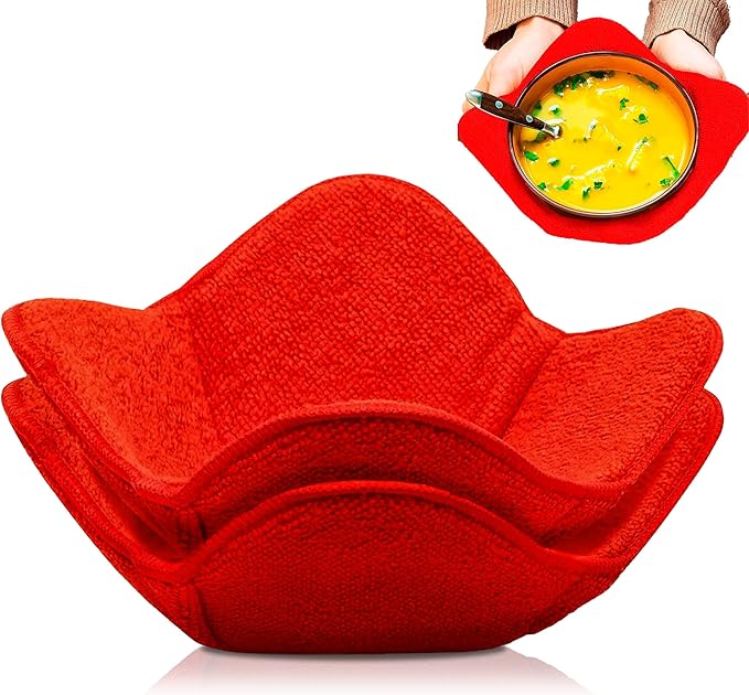 Set of 2 Red Microwave Hot Pads - Pot Holders, Cozies for Food, Ooma, Ramen or Soup Bowl Cozy, Kitchen Gadgets