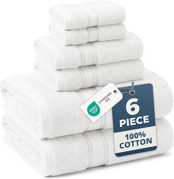 LANE LINEN Bath Towels Set of 6 – 100% Cotton, Zero Twist, 2 Large Bath Towel, 2 Hand Towels & 2 Wash Cloths, Quick Dry & Long-Lasting, Perfect for Family Bathrooms, Easy Care – White Towels