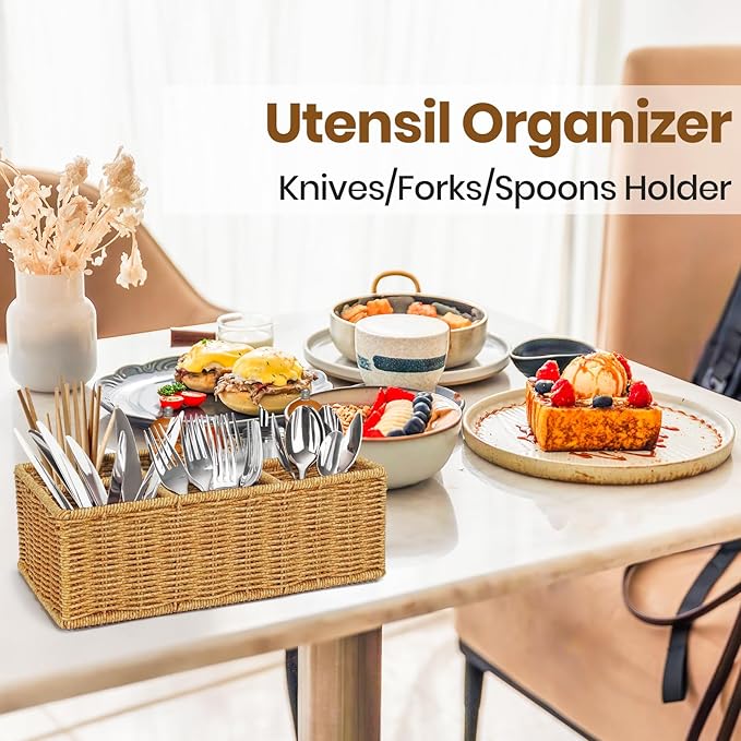 Wicker Utensil Caddy, Woven Rattan Silverware Caddy, Countertop Cutlery Storage Basket Flatware Organizer, Knife Fork Spoon Holder for Party, Cabinet Tabletop Utensil Holder (L, brown)