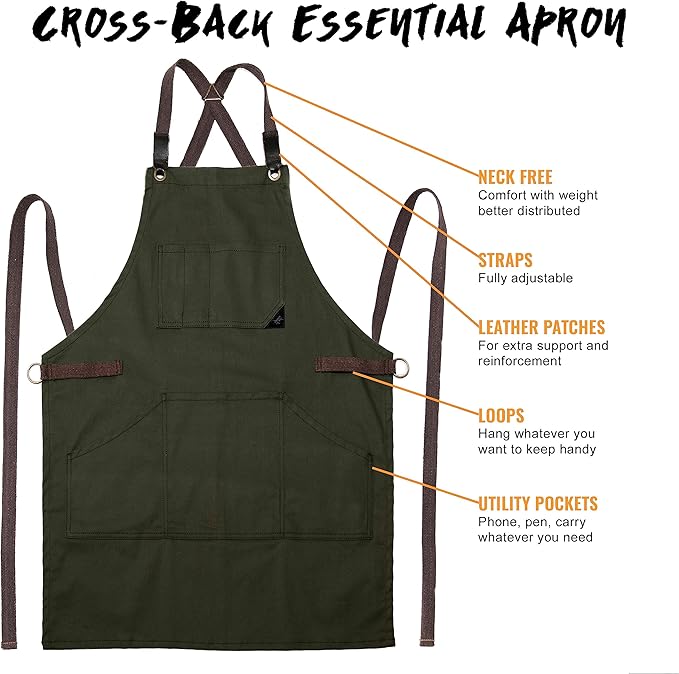 Under NY Sky Essential Army Green Apron – Cross-Back with Durable Twill and Leather Reinforcement – Adjustable for Men and Women – Pro Chef, Tattoo Artist, Baker, Barista, Bartender, Server Aprons