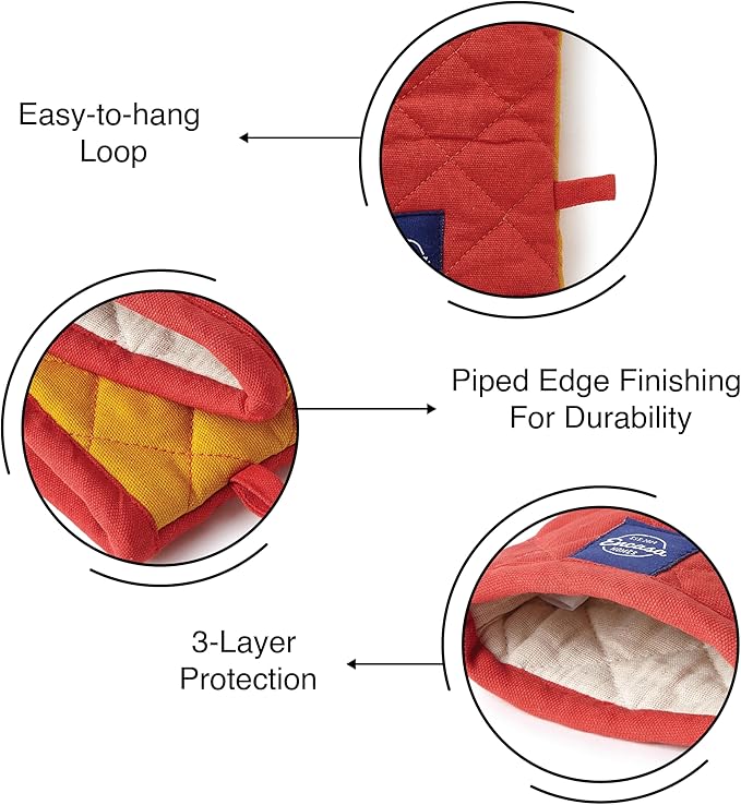 Encasa XO Heat Resistant Cotton Oven Gloves Mitts (2 Pc Set) - Quilted & Safe 12x6.6 in - for Kitchen, Cooking & Baking, Grilling, Handling Hot Pots & Pans - Mango