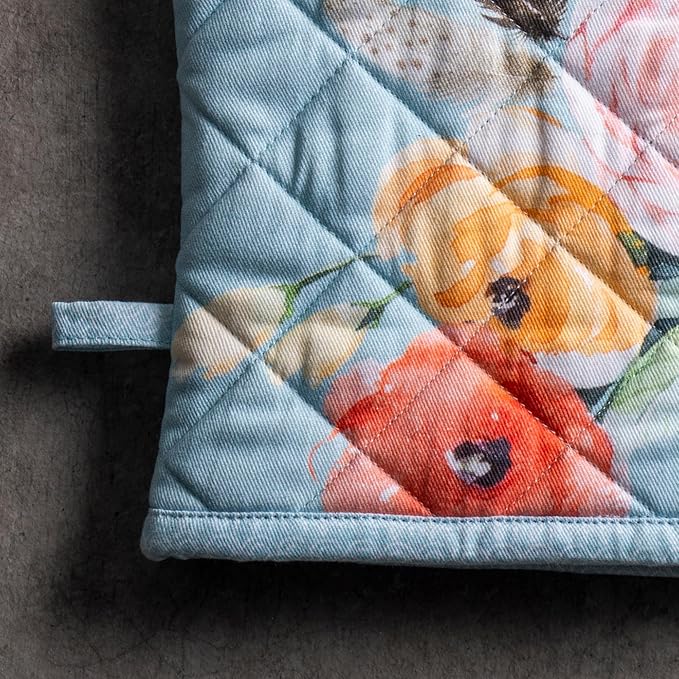 Maison d' Hermine 100% Cotton Oven Mitt & Pot Holder Set (7.5"x13" & 8"x8") Heat Resistant BBQ Cooking Gloves with Loop Baking Grilling Kitchen Gifts for Mothers Day Spring/Summer (Ibiza - Blue)