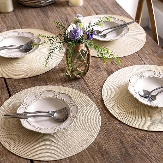 FunWheat Round Braided Placemats Set of 6 Table Mats for Dining Tables Woven Washable Non-Slip Place mats 15 inch(White, 6pcs)