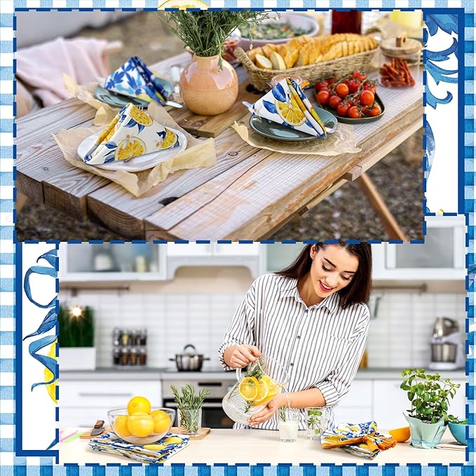 Sratte 12 Pcs Capri Lemon Cloth Napkins Mediterranean Yellow Blue Floral Cloth Napkin Italian Style Dinner Towel Amalfi Coast Party Decorations for Home Dinner Party Kitchen Wedding Cocktail