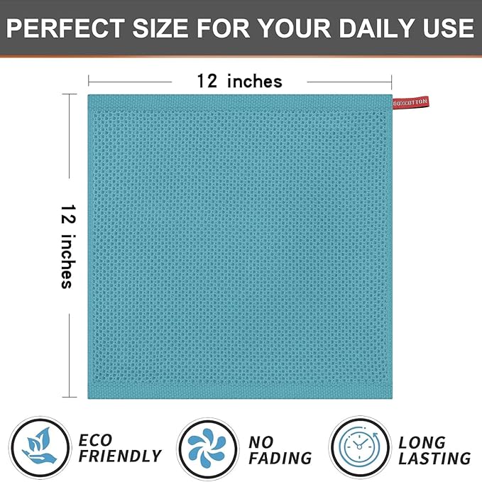 Kitinjoy 100% Cotton Kitchen Dish Cloths (12 X 12 Inches, Lake Blue), 6 Pack Waffle Weave Ultra Soft Absorbent Dish Towels for Drying Dishes Quick Drying Kitchen Towels Dish Rags