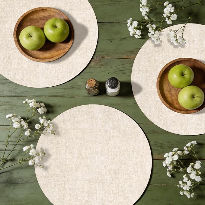 Maxpearl Round Placemats Set of 6, 13.8 inch Faux Leather Heat Resistant Table Mats, Non Slip Waterproof Wipeable Place Mats for Kitchen Dining Holiday Party Table Settings, Beige