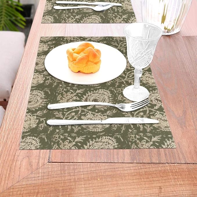 Boho Place mats Set of 4,12x18 Inches Sage Green Block Print Floral Decorative Spring Summer Flower Decor Placemats Rectangle Linen Table Mats for Party Home Kitchen Dining Table Decoration
