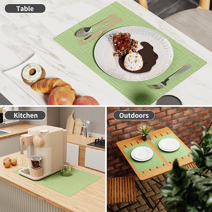 Cloth Placemats, Set of 4 Heat-Resistant Cotton Linen Blend Double Layered Machine Washable Place Mats, Wrinkle Free Thick Fabric Dining Table Mats for Indoors & Outdoors (Grass Green, 4)