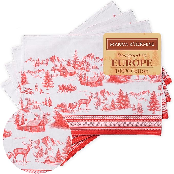 Maison d' Hermine Placemats Set of 4 100% Cotton Washable Cloth Place Mats, Reusable Table Mats for Kitchen Dining Decoration, Party, Wedding, Restaurant Spring/Summer (Basse Cour, 13" x 19")