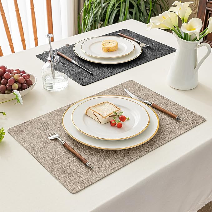 Romanstile Vinyl Placemats Set of 8-12x17 Inch, Reversible Waterproof Washable Non Slip Table Mats, Faux Leather Heat Resistant Wipeable Table Placemats for Dining/Party/Indoor/Outdoor, Grey-Khaki