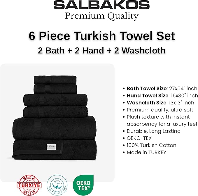 SALBAKOS 100% Turkish Cotton 6-Piece Towel Set | Premium Quality Hotel & Spa Collection | Soft, Super Absorbent 2 Washcloth, 2 Hand, 2 Bath Towels Sets | Made in Turkey (Black, 6 Pieces Towel Set)