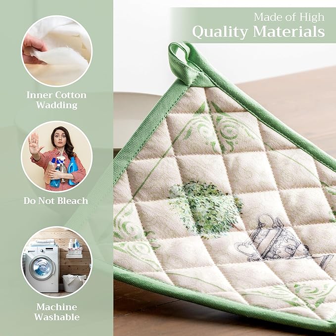 Maison d' Hermine Pot Holders 100% Cotton Heat Resistant Potholders 8" x 8" Hot Pads with Loop BBQ Cooking Baking Gifts for Mothers Day Handling Hot Pans Spring/Summer (Pack of 1, Jardin Du Roy)