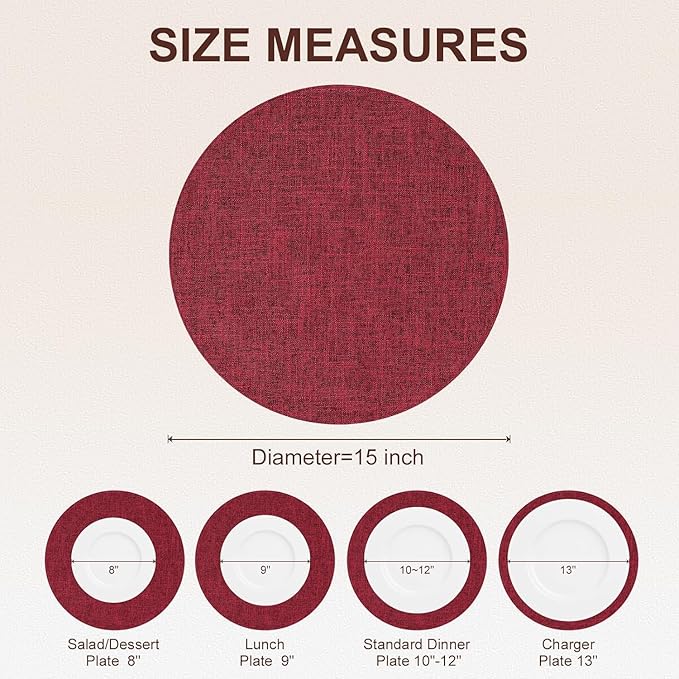 homing 15 Inch Round Cloth Placemats Set of 4, Cotton Linen Blend Washable Table Mats, Farmhouse Dining Place Mats for Indoors & Outdoors, Easy to Clean, Red