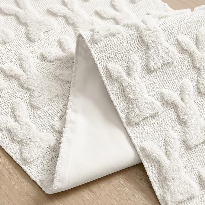Artoid Mode White Soft Plush Faux Fur Jacquard Bunny Rabbit Easter Table Runner, Seasonal Kitchen Dining Table Decoration for Home Party Decor 13x36 Inch
