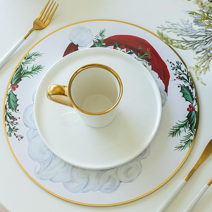 Benson Mills Cork Placemats Set of 4, Thick Cork Place Mats for Kitchen and Dining Tables, Easy Clean Table Mats for Christmas, Winter and Holidays (13.75" Round Set of 4, Joyful Santa)