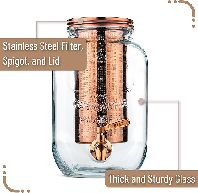 BTaT- 1 Gallon Cold Brew Coffee Maker, Thick Glass Pitcher with Stainless Steel Filter, Lid & Spigot, Iced Coffee & Sun Tea Brewer, Large Mason Jar Cold Brew Container, Fast Iced Tea Maker for Fridge