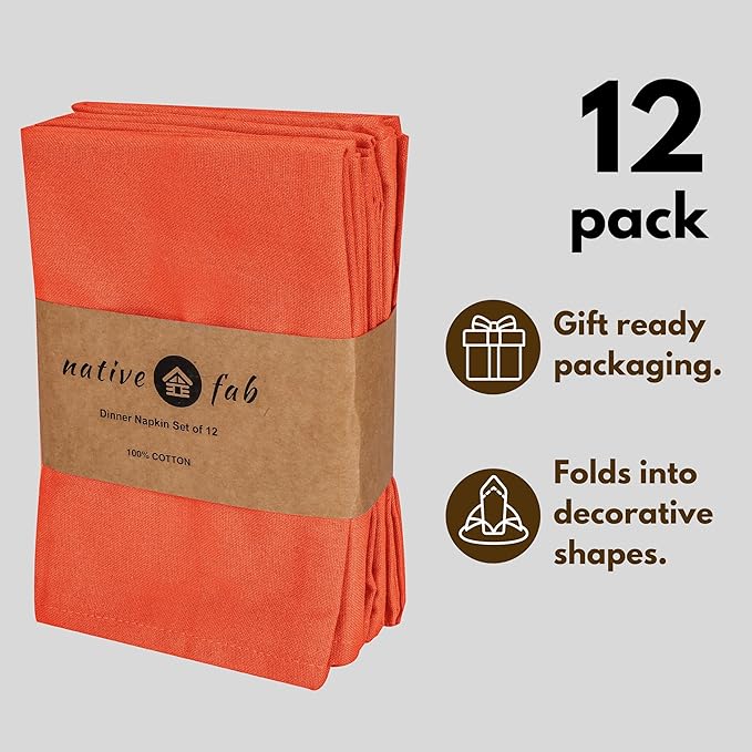 Native Fab Cloth Napkin Set of 12, 100% Cotton, Washable, Reusable Dinner Cloth Napkin 17x17 inches, Table Decor Napkins for Dinner, Events, Orange
