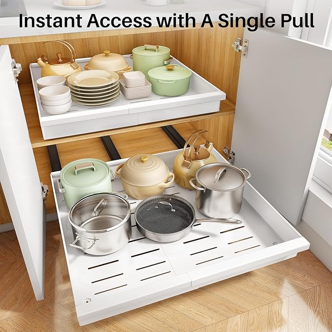 Pull out Cabinet Organizer, 2-Pack Expandable(13.6"-24") Silde out Drawers with Raising Pad for Framed Cabinets, Adjustable Full-Extension Adhesive Roll out Shelves for Kitchen Pantry Home Pot and Pan