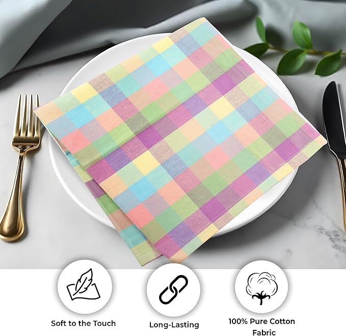Urban Villa Cloth Napkins Set of 12 20x20 Inches 100% Cotton Napkins Cloth Washable Soft Durable Reusable Absorbent Table Dinner Napkins Cloth for Easter Decorations Restaurant Weddings-Easter Checks