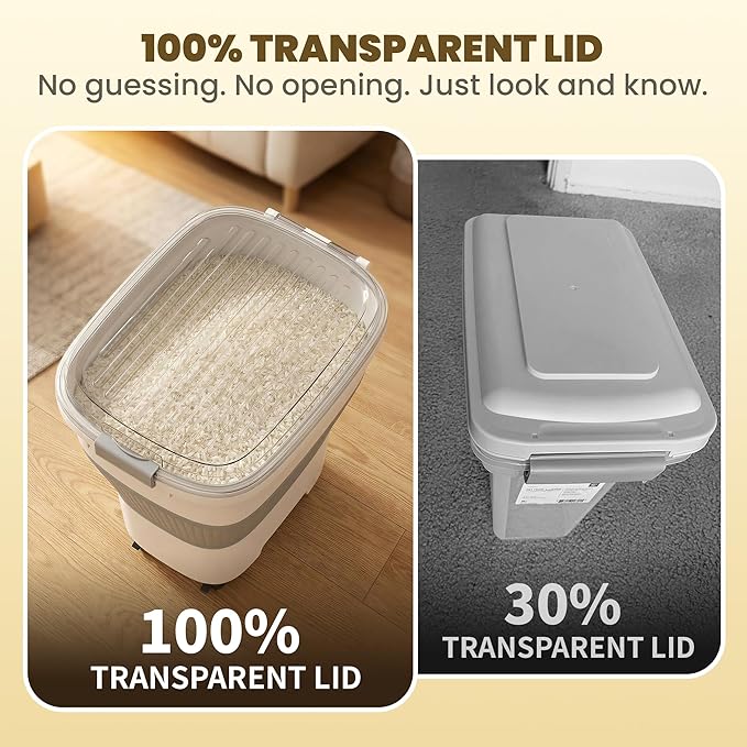 HOYTAMDAR 20-50Lbs Rice Container,Collapsible Food Storage Containers with Airtight Clear Lid,Wheels,Rice Storage Container with Small Bin and Scoop,Rice Dispenser for Flour Sugar Cereal Grain Dog Cat
