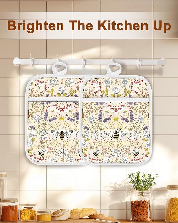 Swooflia 100% Cotton Pot Holders 2 Pack Set for Kitchen with Pockets - Cute 440°F Heat Resistant Oven Hot Pads Heavy Duty for Countertop Home Cooking Baking Microwave BBQ Bee