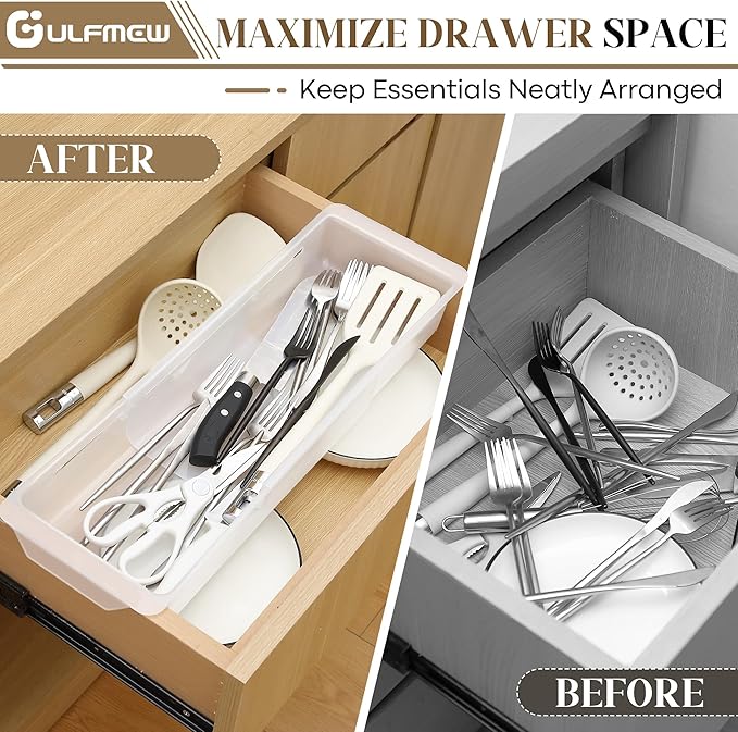 1 Pack Deep Drawer Organizer Bins, Adjustable Sliding Drawer Organizer Bin Expandable Tray for Kitchen Utensils, BBQ Tools, Towels, Durable Plastic Sliding for Easy Storage (17" to 27”)