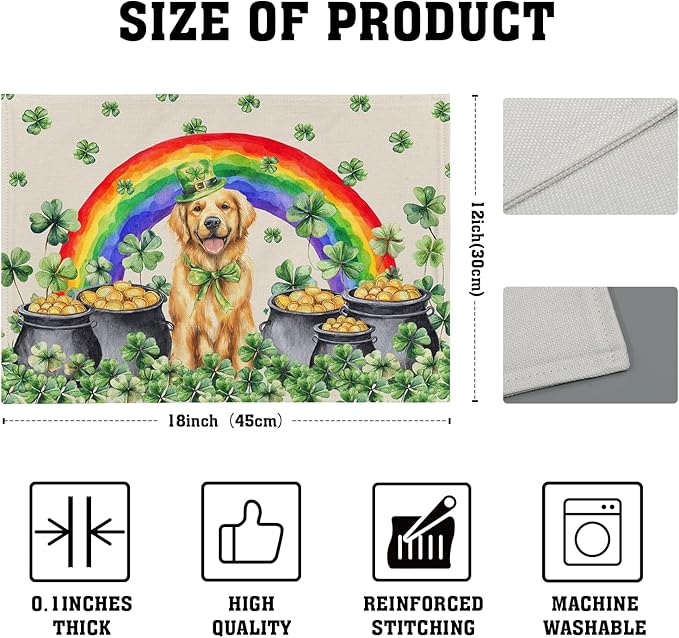 Animal Placemats Set of 4 Lucky Dog St Patrick Linen Table Mats for Kitchen Dining Decor