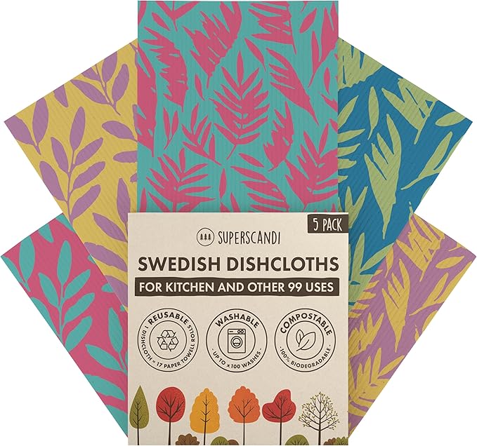SUPERSCANDI 5 Pack Swedish Dishcloths for Kitchen - 100% Biodegradable & Compostable | Reusable Paper Towels Washable, Food-Safe & Without Plastic - Dish Rags Suitable for Any Surface | Leaves Colors
