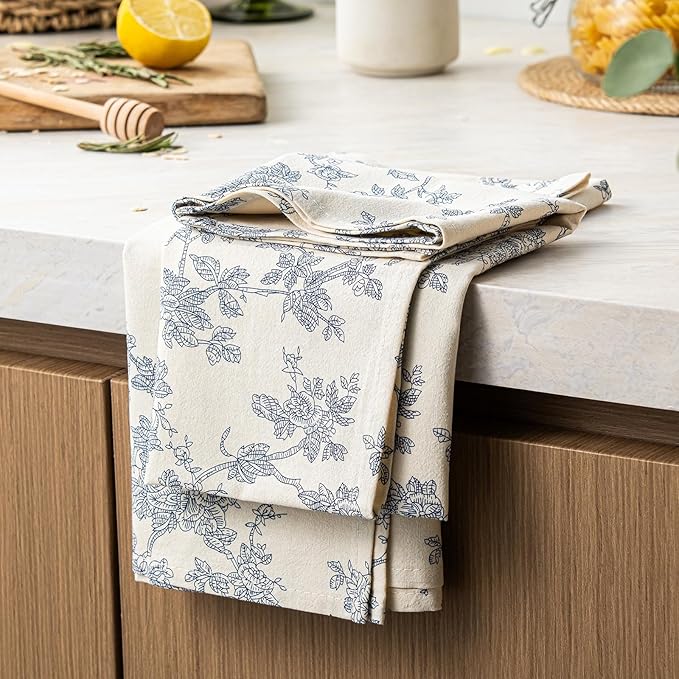 100% Cotton French Pastoral Kitchen Towels Set of 2, Decorative Flour Sack Tea Towels with Hanging Loop 18x25 Inch Absorbent Dish Cloths Farmhouse Home Decor, Blue