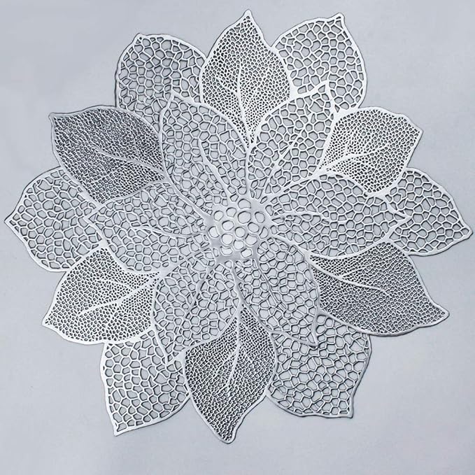 AdasBridal Silver Round Placemats for Dining Table Set of 6 Pressed Vinyl Metallic Table Mats Hollow Out Hibiscus Flower Place Mats for Dinner Decor Holiday Wedding Accent Centerpiece