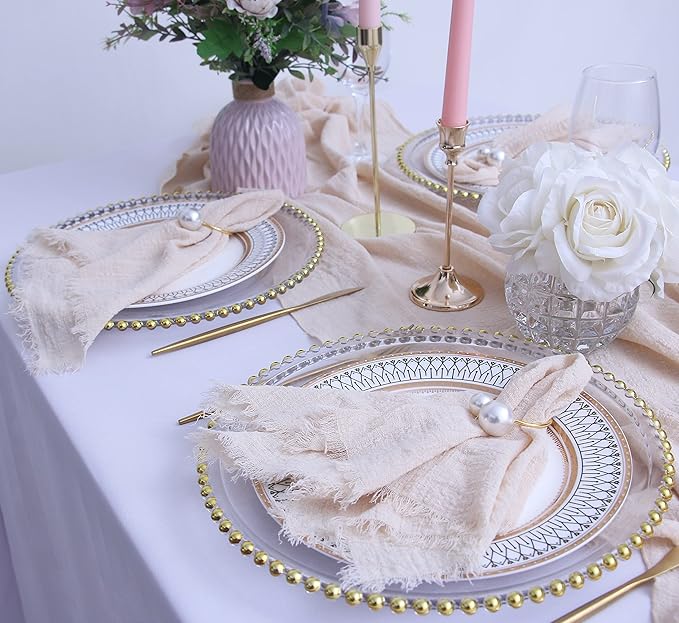 Cloth Napkins with Fringe Gauze Napkins Set of 6,100% Natural Soft Cotton,Washable Napkins Great for Weddings Decorative ,Dinner Parties,Family Everyday Use (6pack, Beige)