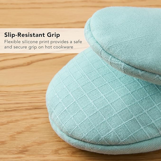 KITCHENAID Gourmet Series Gridlines Mini Oven Mitts 2-Pack Set, Heat Resistant up to 600°F, Soft Silicone Grip, Magnetic Cuff, Mineral Water Aqua, 5.5"x9"